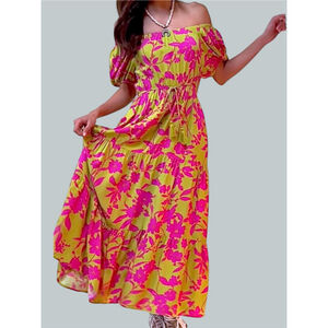 Size S Easel Floral Puff Sleeve Tiered Midi Dress in Lime